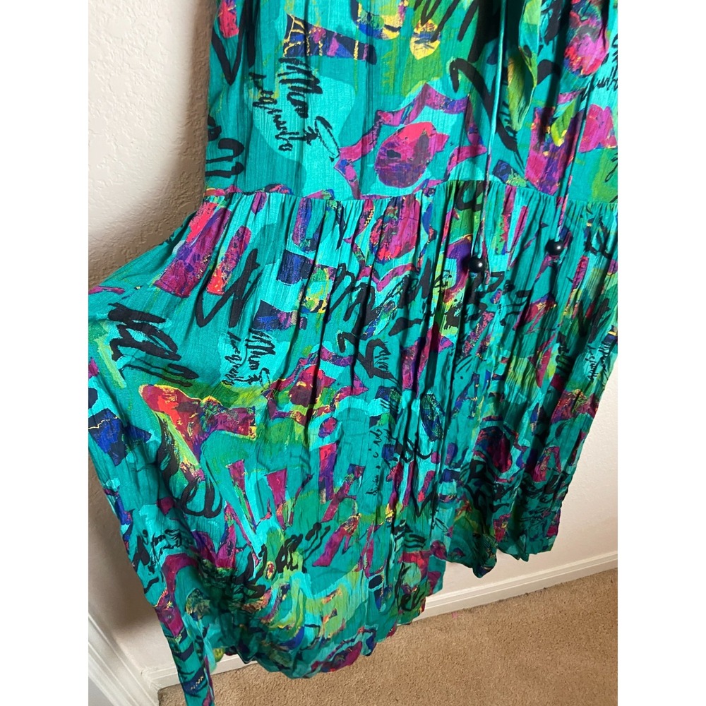 Vintage Carol Little Womens Peasant Style Dress Printed Green Size 4 Beaded - Picture 7 of 11